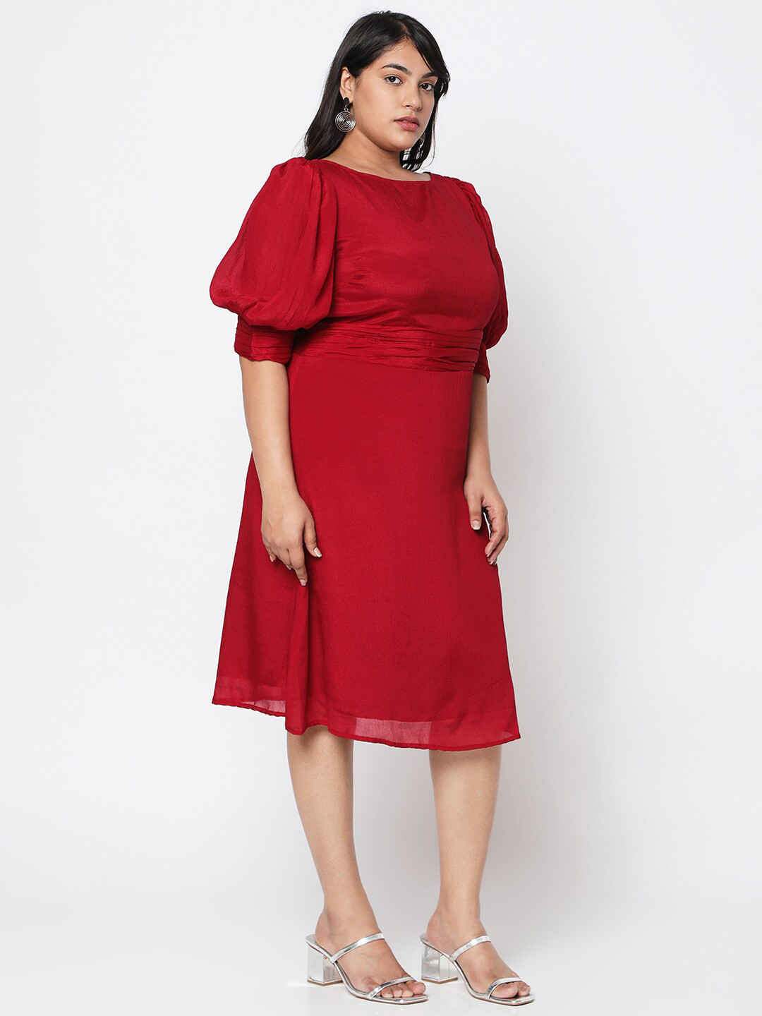Curves by MISH Maroon Plus Size Chiffon A-Line Midi Dress