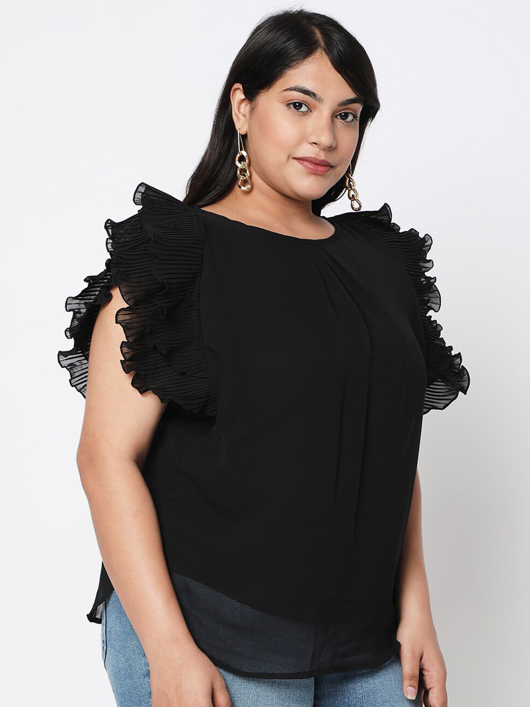 Curves by MISH Plus Size Black Ruffles Georgette Top