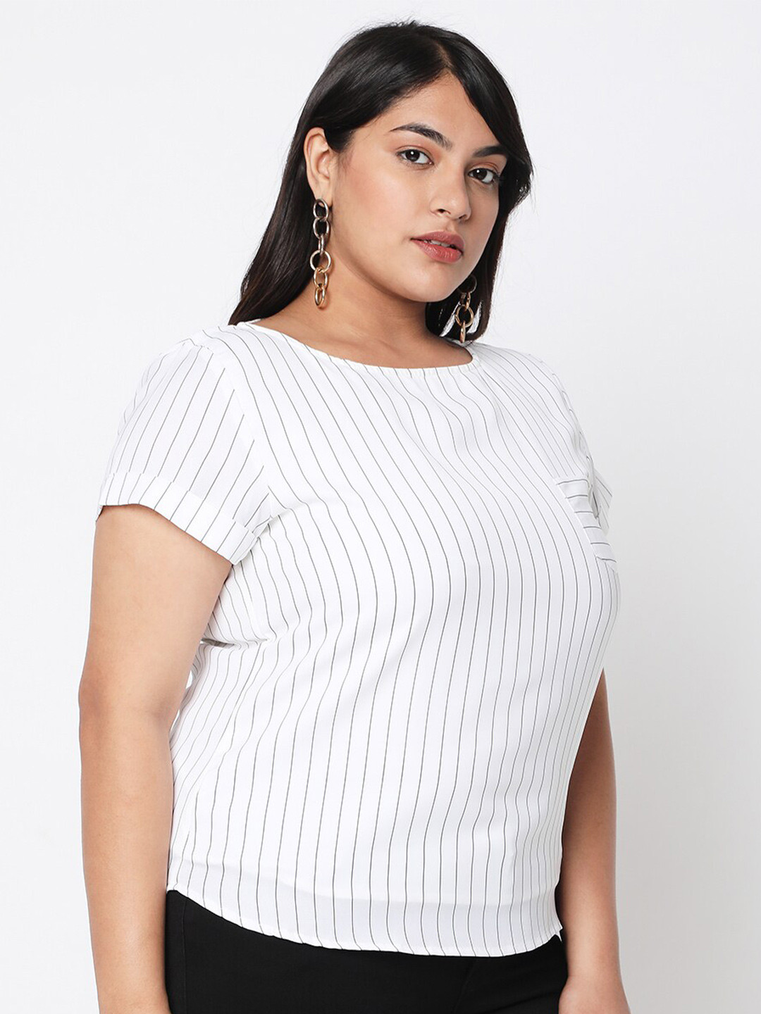 Curves by MISH Plus Size White & Grey Striped Monochrome Georgette Top