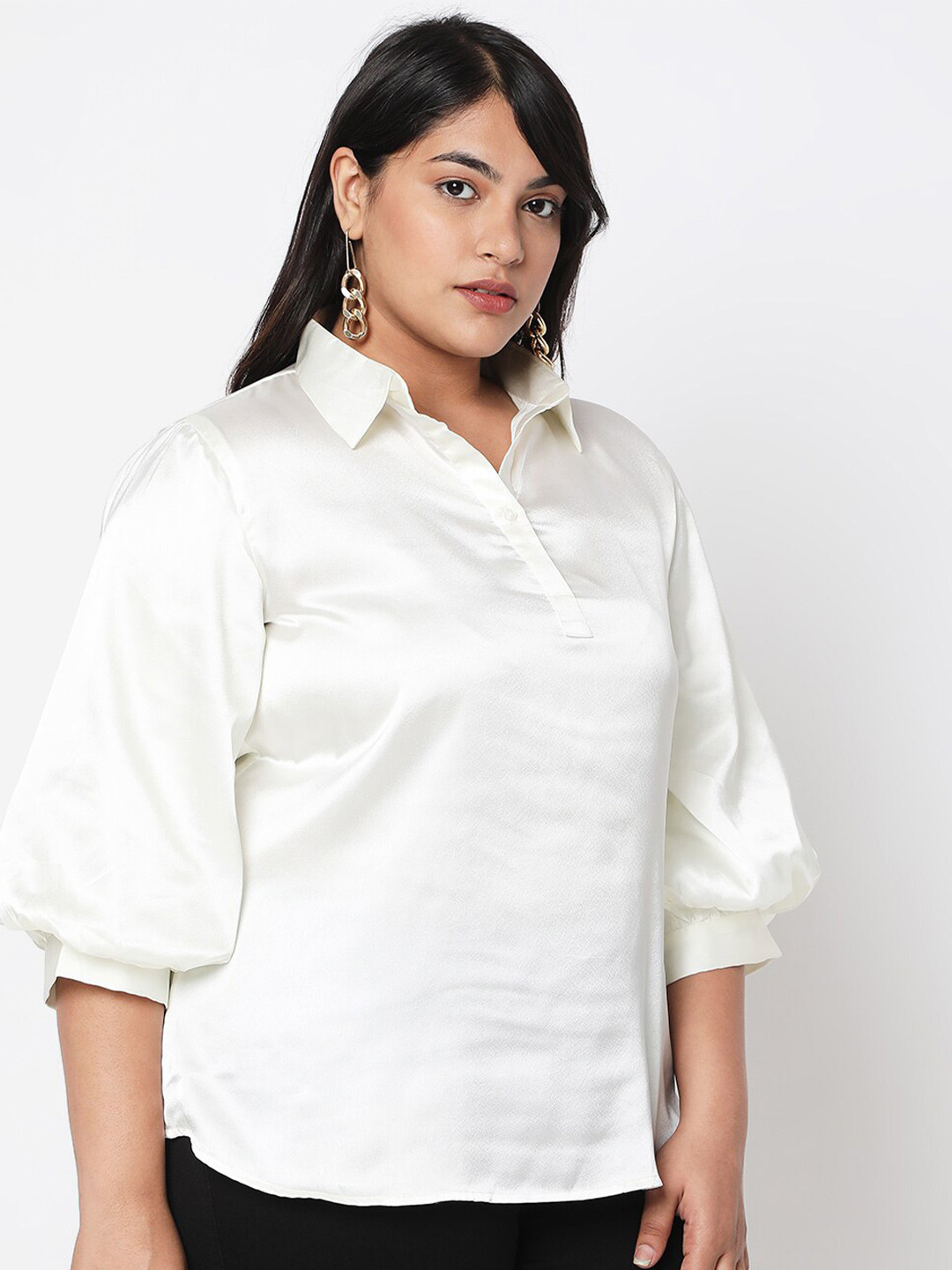 Curves by MISH Plus Size Off White Sheen Shirt Style Top