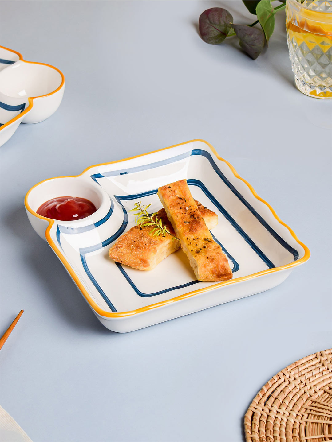 Nestasia White & Blue Patterned Nitori Chip & Dip Plate