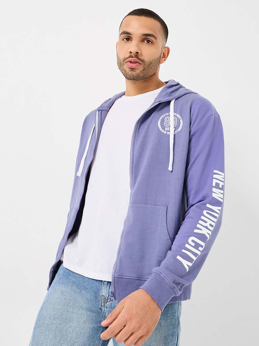 Styli Printed Boxy Fit Front-Open Hooded Sweatshirt