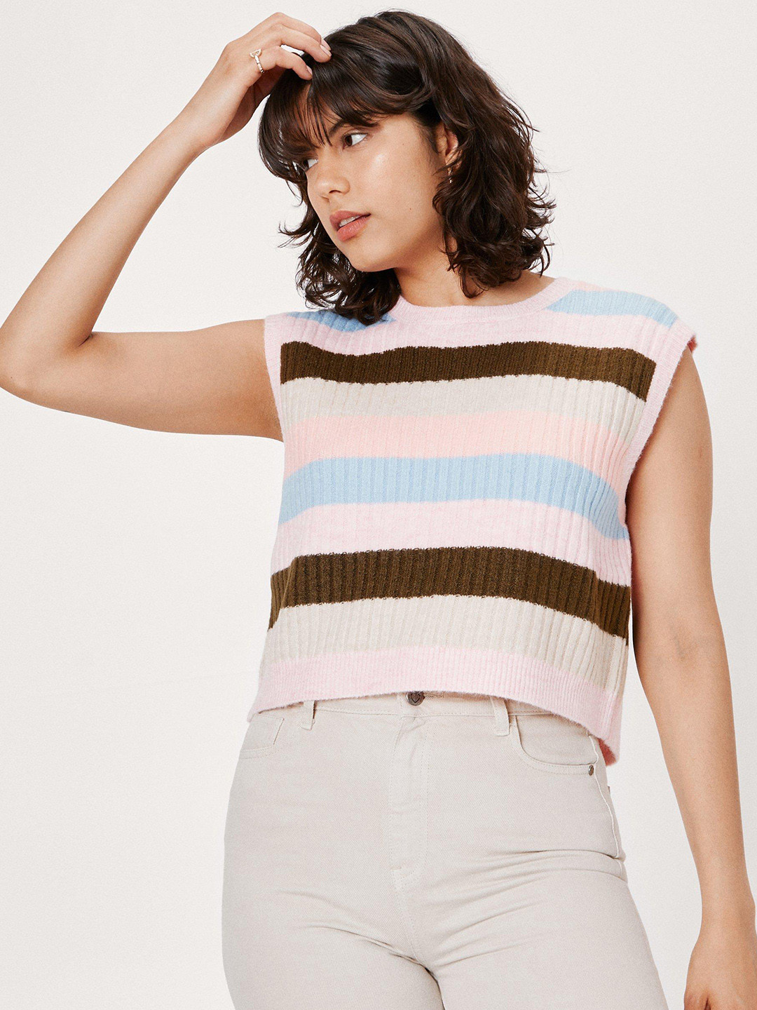 NASTY GAL Women Pink & Blue Striped Crop Pullover