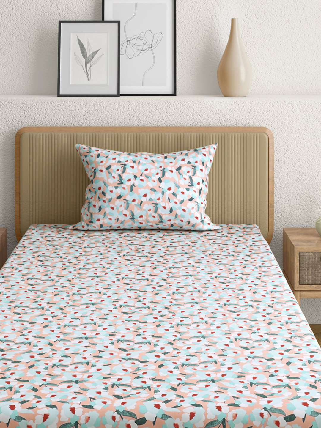 Anaqa by Pantaloons Pink Floral Pure Cotton 144 TC Single Bedsheet with a Pillow Cover-60 x 88 inches