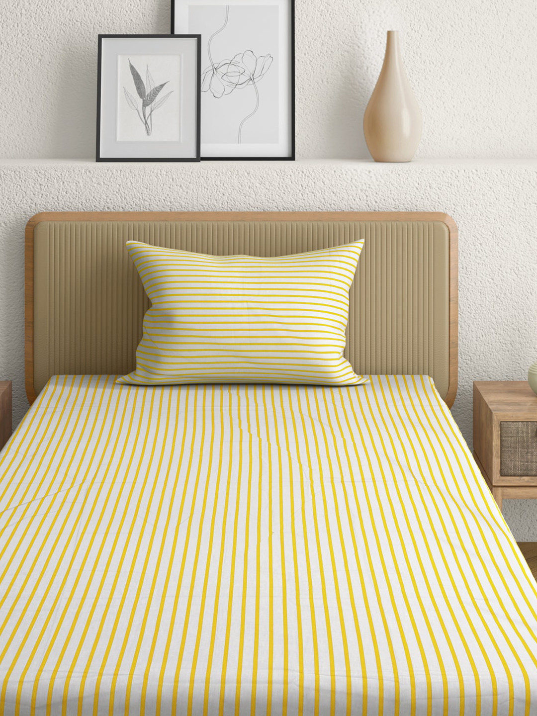 Anaqa by Pantaloons White Striped Cotton 144 TC Fitted Single Bedsheet with a Pillow Cover-60 x 88 inches