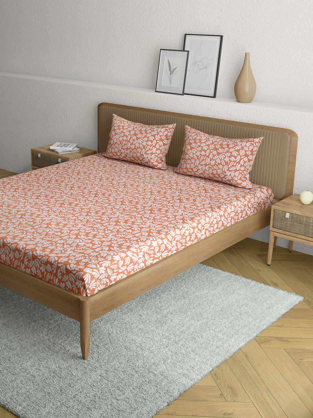 Anaqa by Pantaloons Coral Floral Pure Cotton 144 TC Fitted King Bedsheet with 2 Pillow Covers-108 x 108 inches