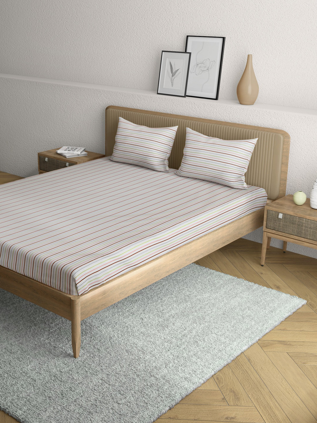 Anaqa by Pantaloons White & Brown Striped 144 TC Cotton Queen Bedsheet & 2 Pillow Covers