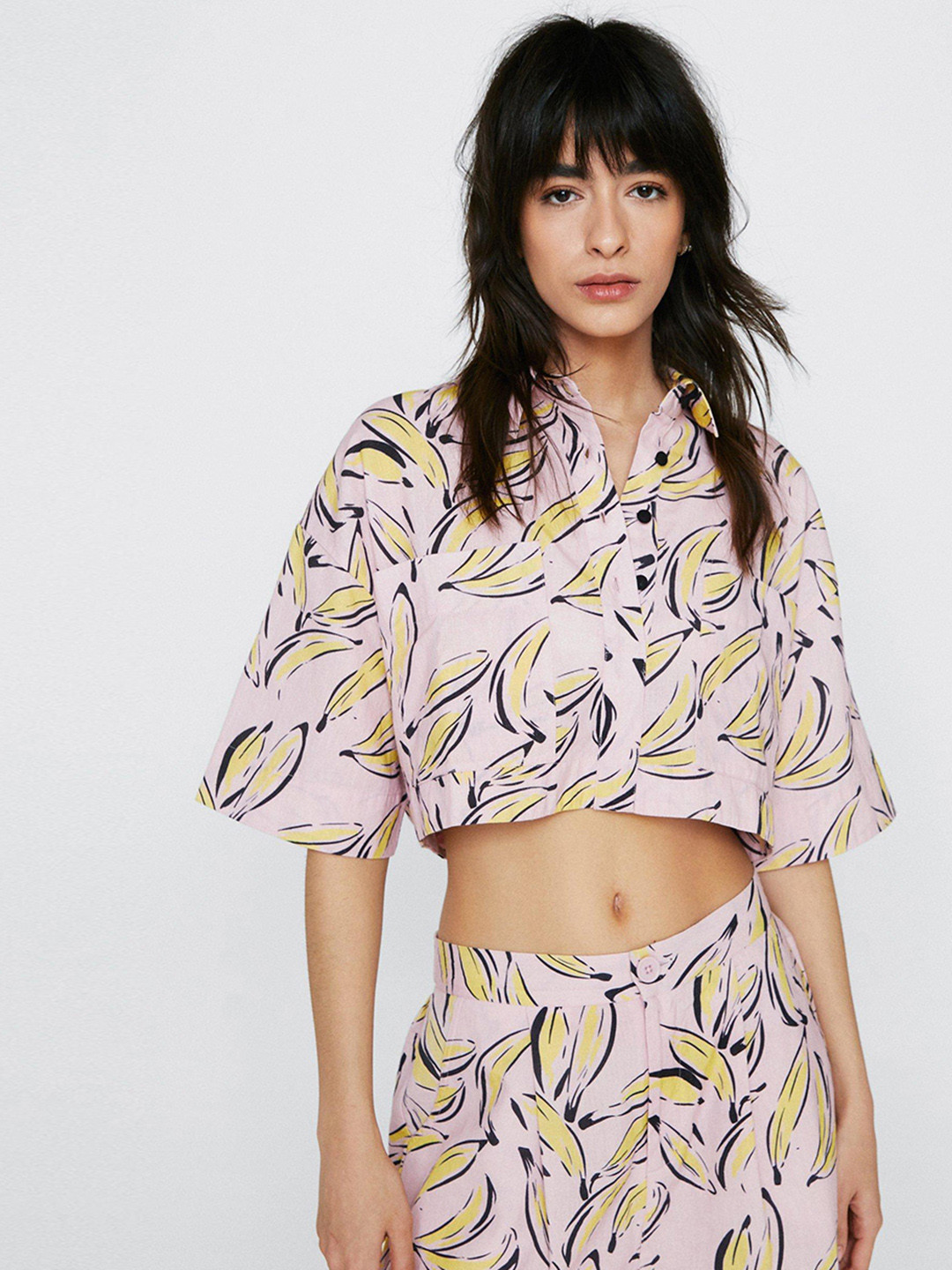 NASTY GAL Women Pink & Yellow Conversational Print Cotton Linen Boxy Crop Casual Shirt
