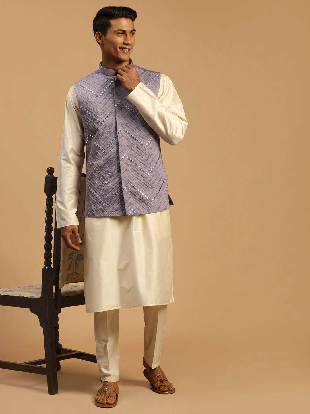 VASTRAMAY Kurta & Trousers with Mirror Work Nehru Jacket