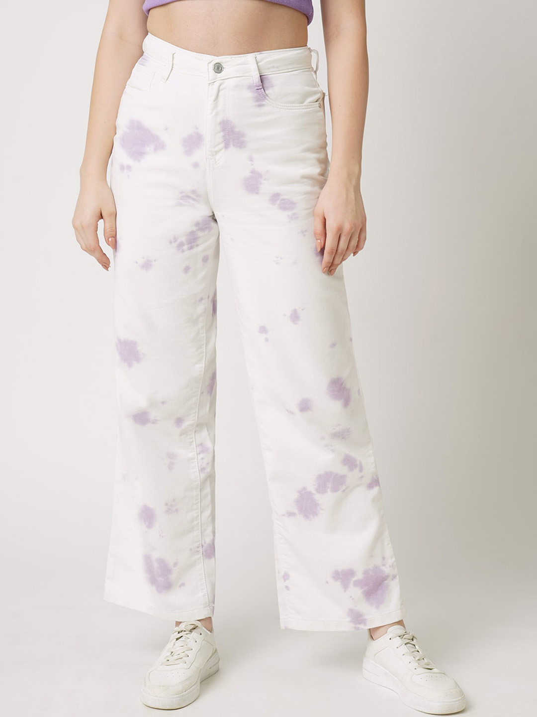 Kraus Jeans Women Purple Cotton Wide Leg High-Rise Slash Knee Jeans