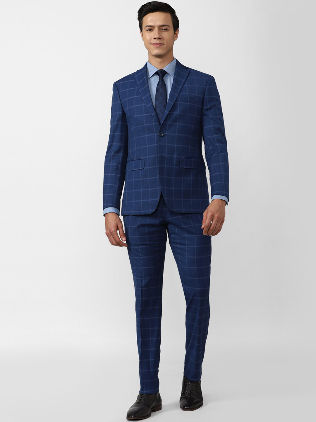 Peter England Elite Men 2 Piece Navy Blue Checked Single Breasted Slim Fit Formal Suit