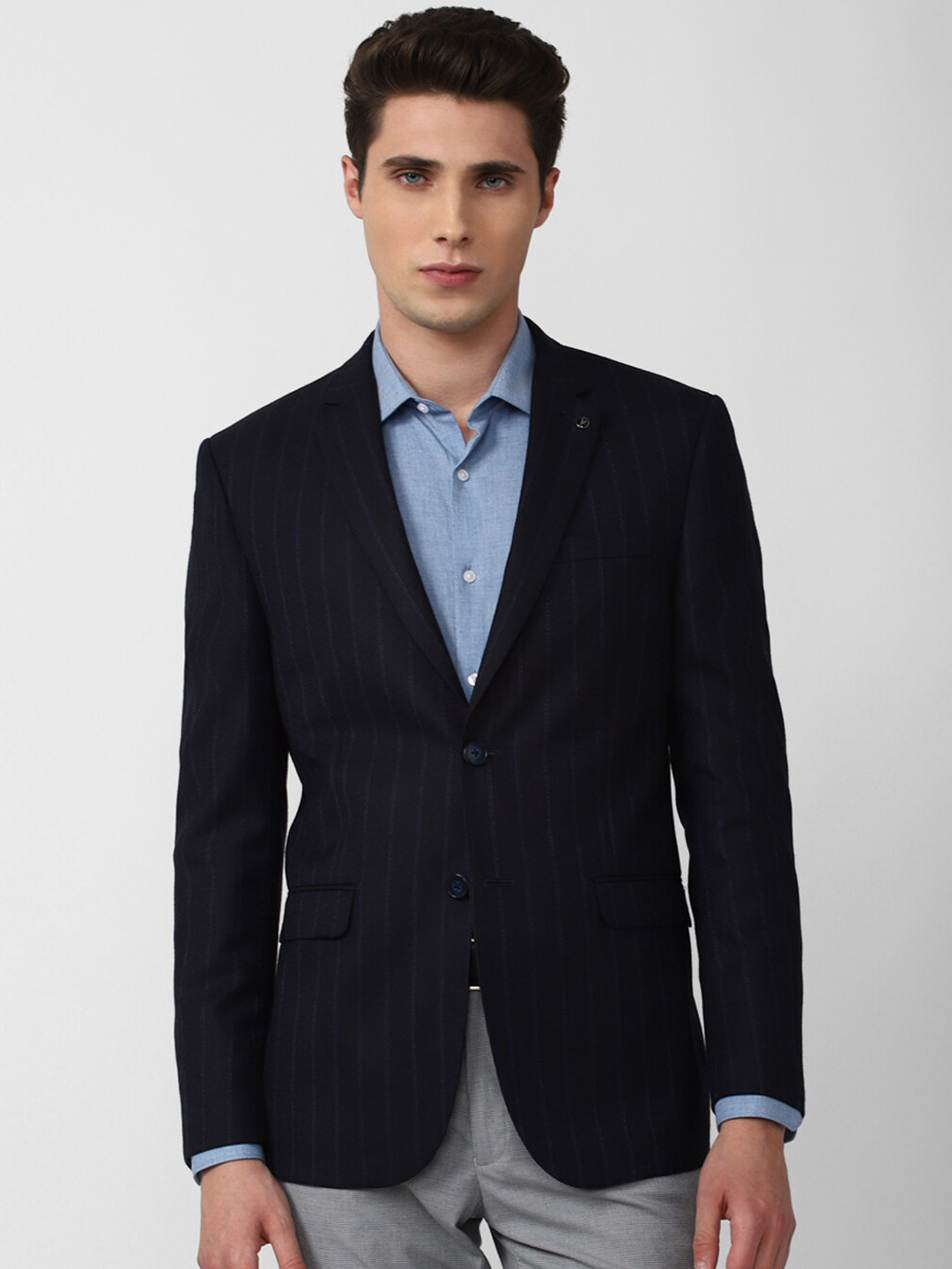 Van Heusen Men Navy Blue Striped Slim-Fit Single-Breasted Blazer
