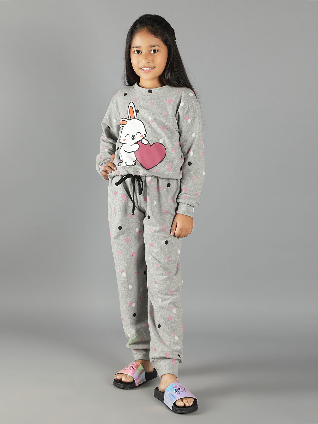 Ninos Dreams Girls Grey & White Printed T-shirt with Pyjamas
