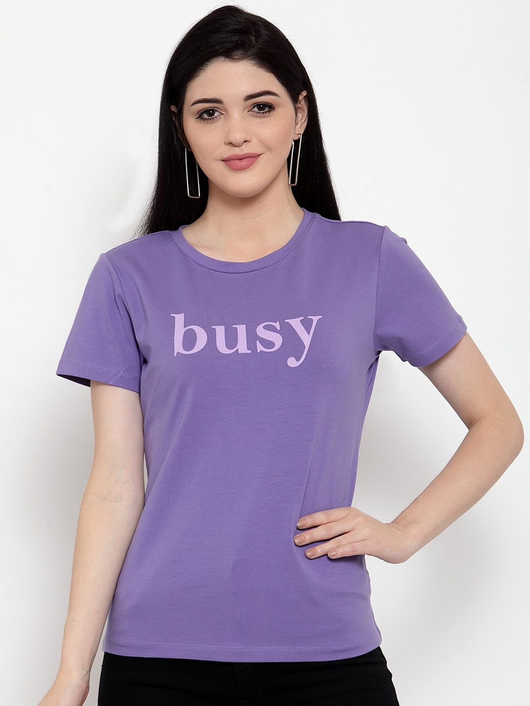 DOOR74 Women Purple Typography Printed Cotton T-shirt