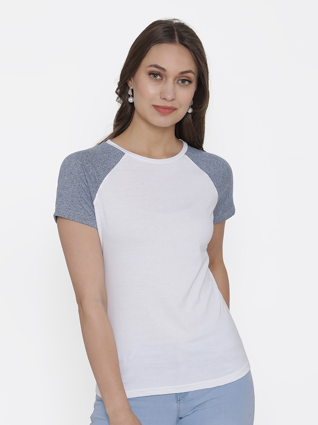 DOOR74 Women White & Grey Round Neck Cotton T-shirt