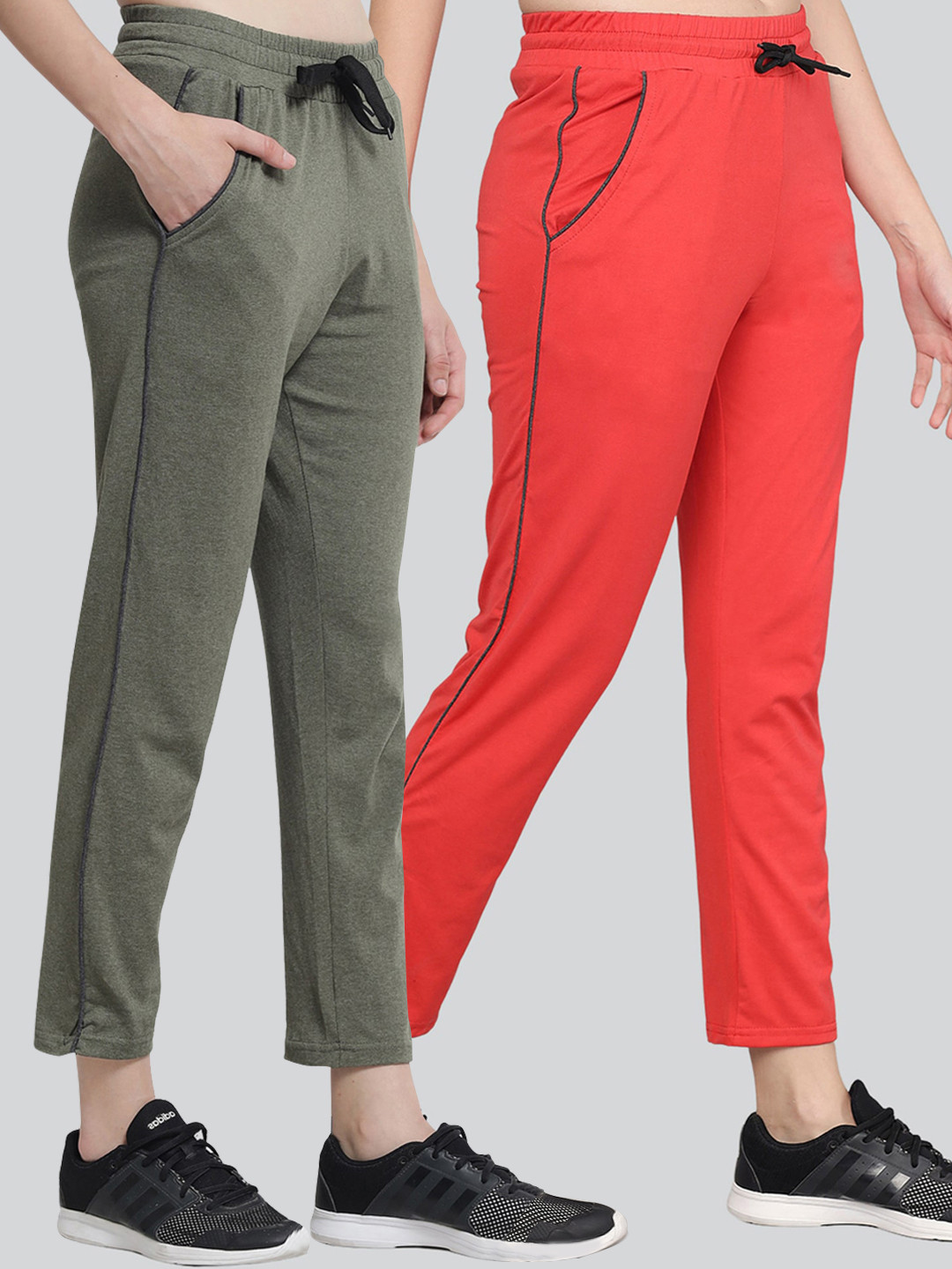 Q-rious Women Pack Of 2 Orange and Olive Green Pure Cotton Track Pants