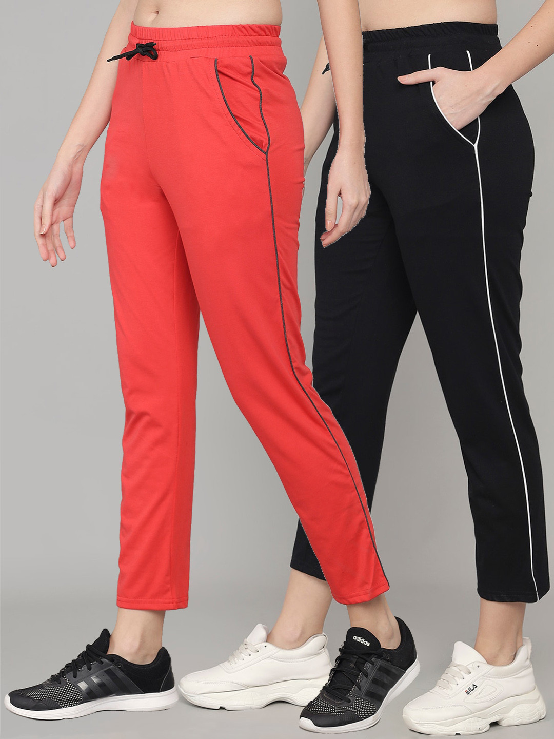 Q-rious Women Pack Of 2 Orange and Black Pure Cotton Track Pants