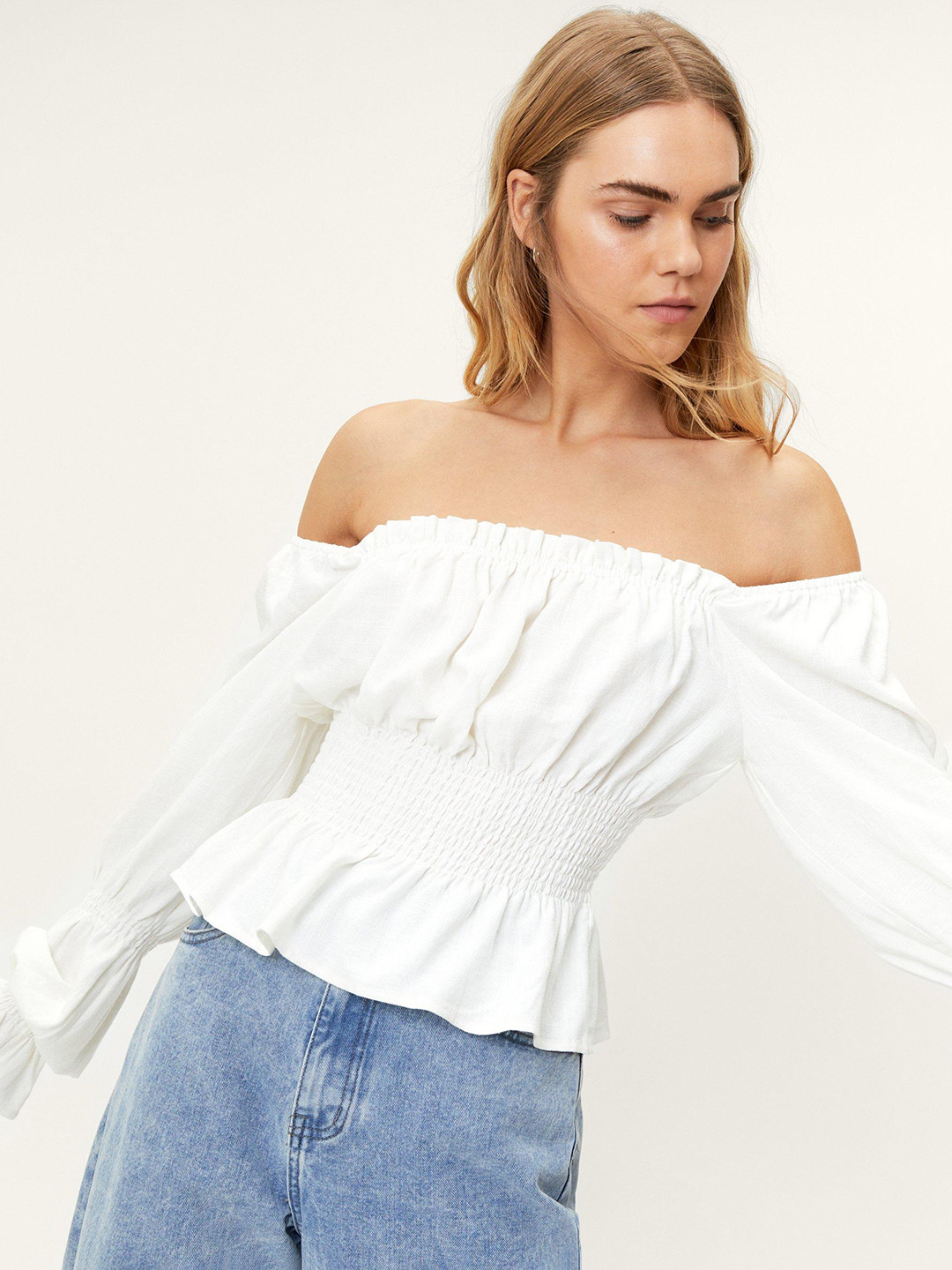 NASTY GAL White Solid Viscose Linen Smocked Off-Shoulder Top