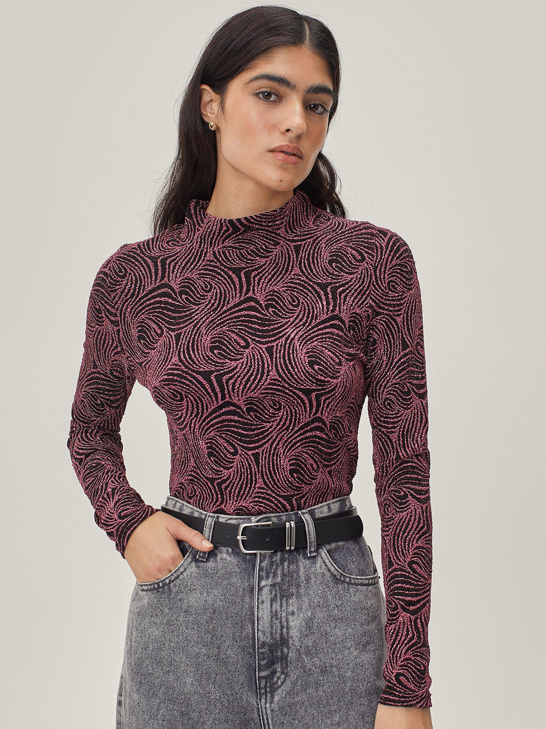 NASTY GAL Black & Pink Shimmery Top