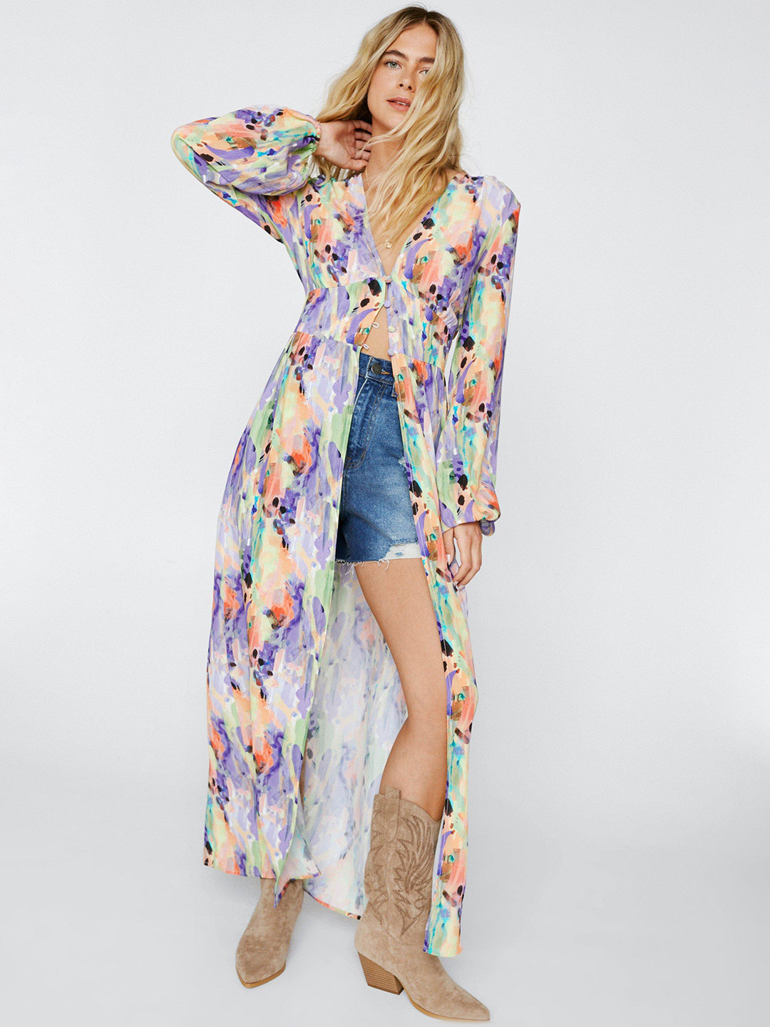 NASTY GAL White & Lavender Abstract Print Maxi Longline Top