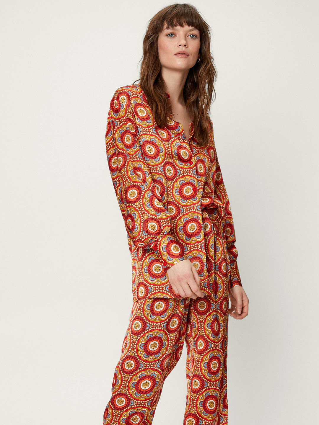 NASTY GAL Women Mustard Yellow & Red Ethnic Motifs Printed Oversized Casual Shirt