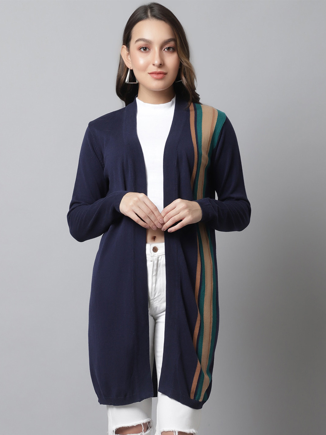 Crozo By Cantabil Women Navy Blue & Brown Striped Open Front Shrug