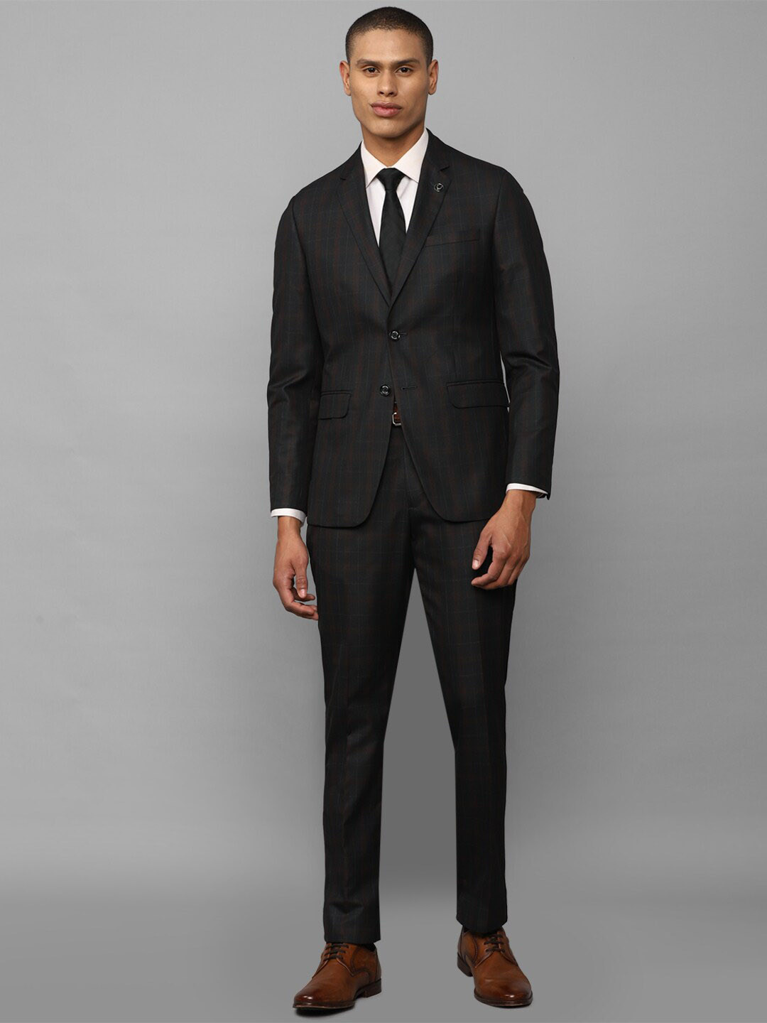 Allen Solly Men Black & Brown Checked Single-Breasted Two-Piece Suit
