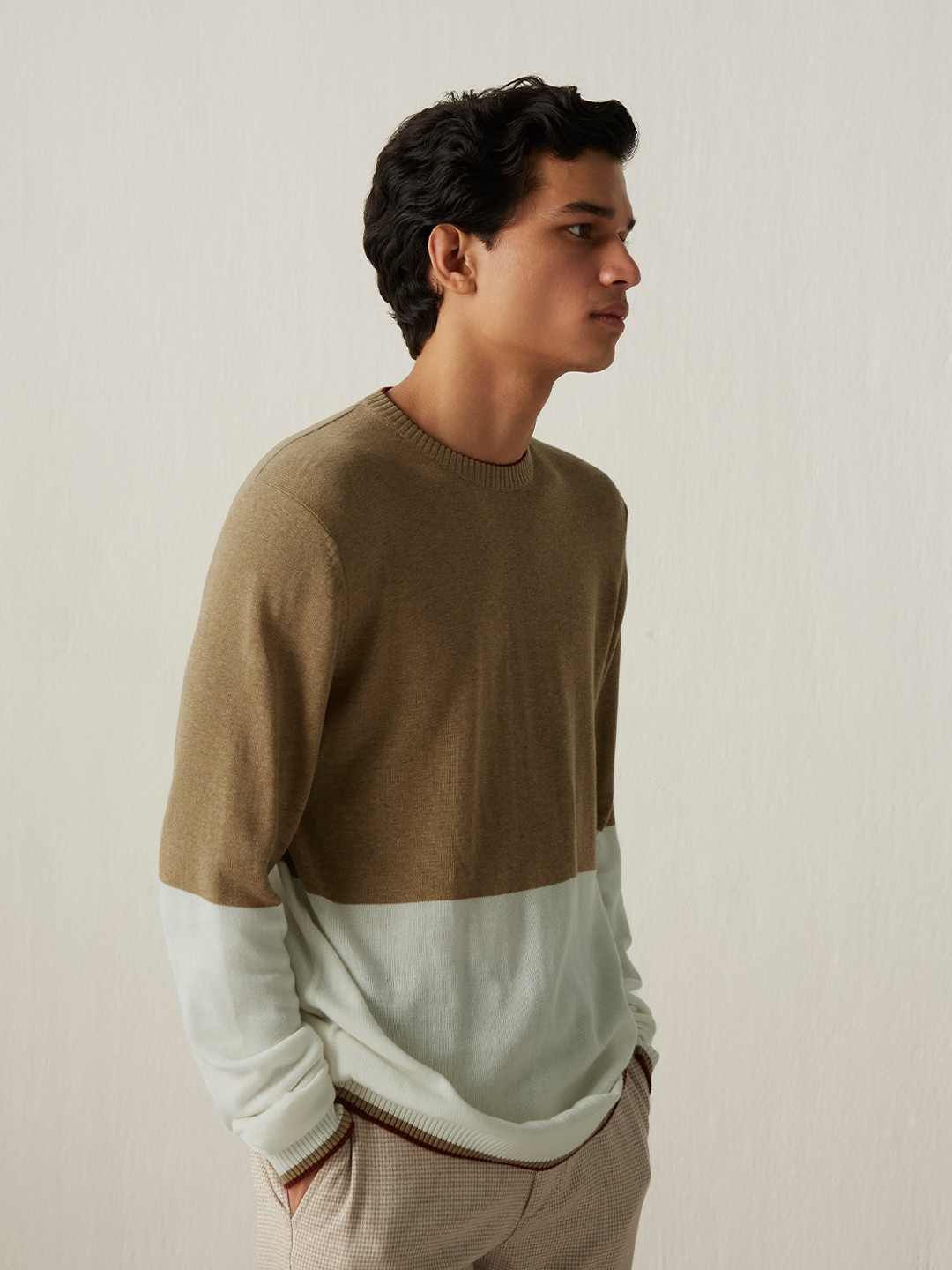 Andamen Men Beige & Khaki Colourblocked Cotton Sweaters