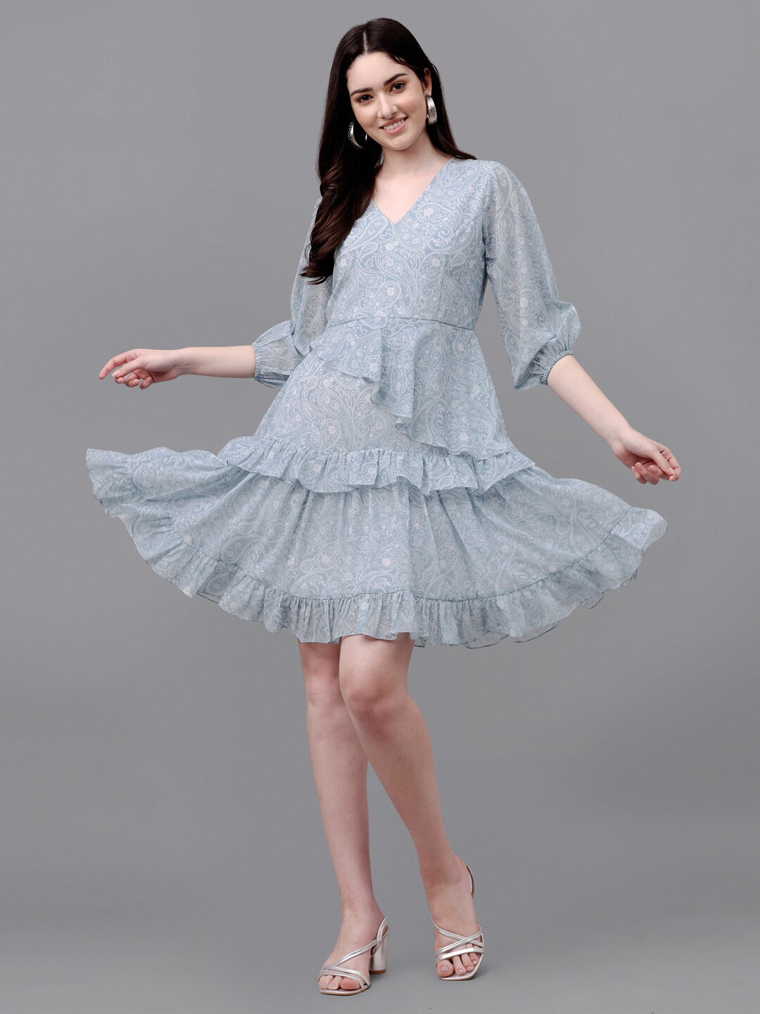 Masakali.Co Grey Ethnic Motifs Georgette Dress