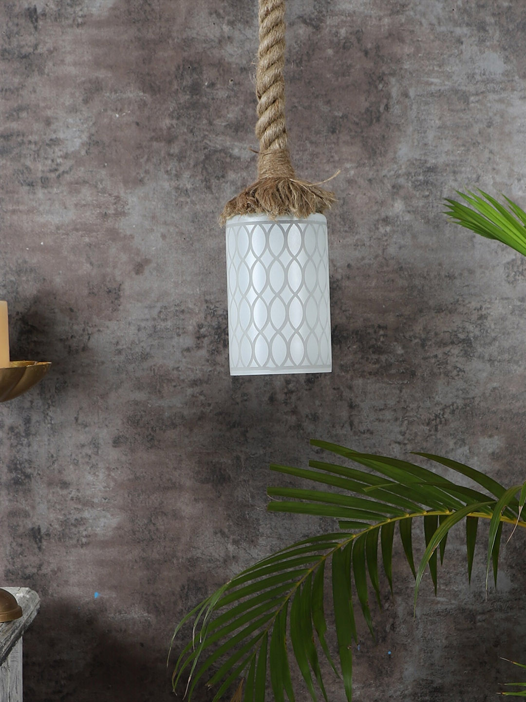 MFD HOME FURNISHING Brown & White Textured Glass Hanging Pendant Lamp With Robe