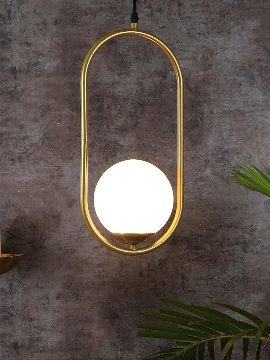 MFD HOME FURNISHING Gold-Toned & White Glass Capsule Doom Hanging Pendant Lamp