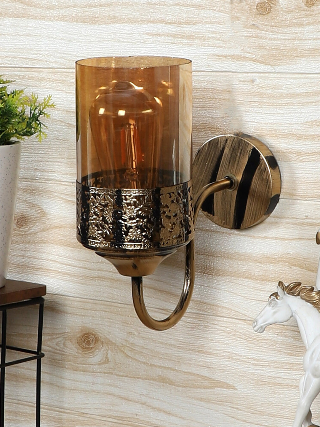 MFD HOME FURNISHING Gold-Toned Textured Wall Antic Glass Wall Lamp