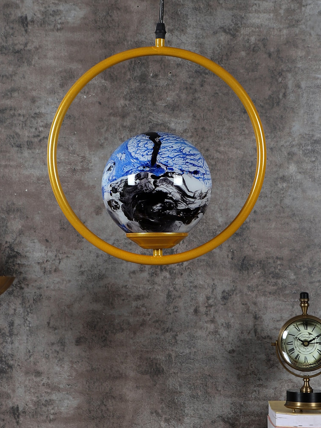 MFD HOME FURNISHING Gold-Toned & Blue Printed 3D Ring Ceiling Lamp