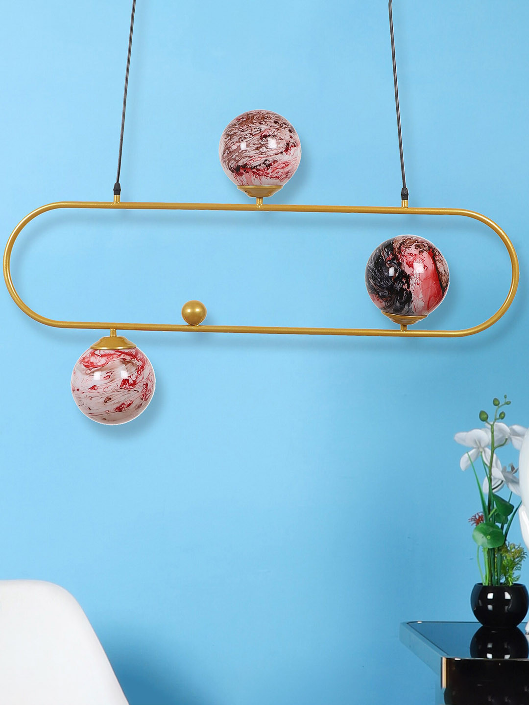 MFD HOME FURNISHING 3D Doom Red Gold & White Hanging Ceiling Lamp