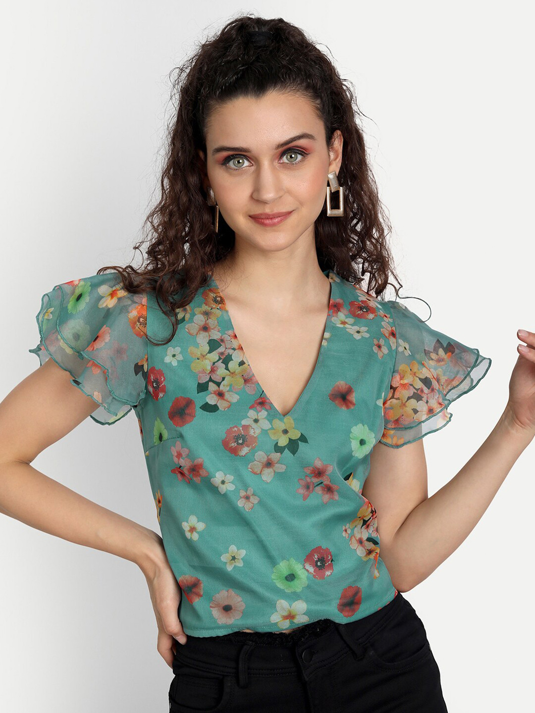 ESSQUE Green Floral Print Wrap Top