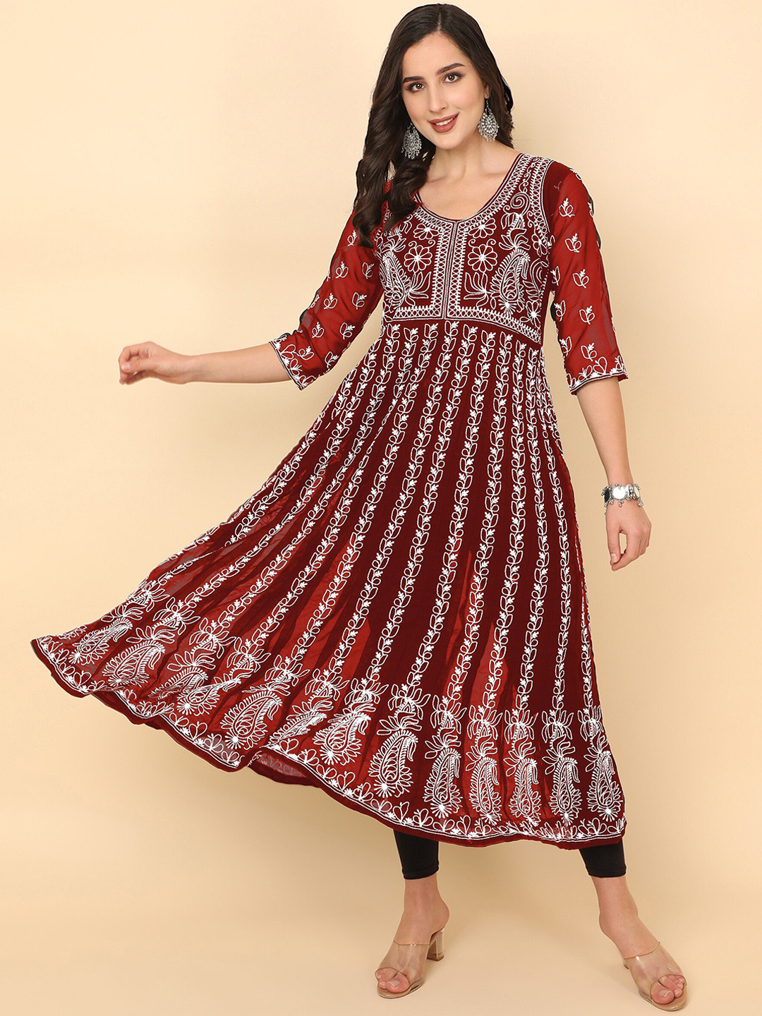 HERENOW Scoop Neck Chikankari Embroidered Thread Work Georgette Anarkali Kurta