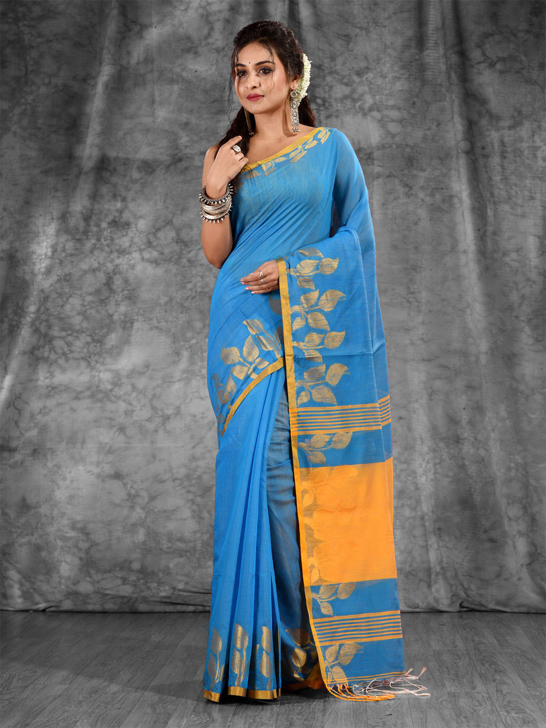Charukriti Blue & Yellow Woven Design Border Cotton Blend Saree