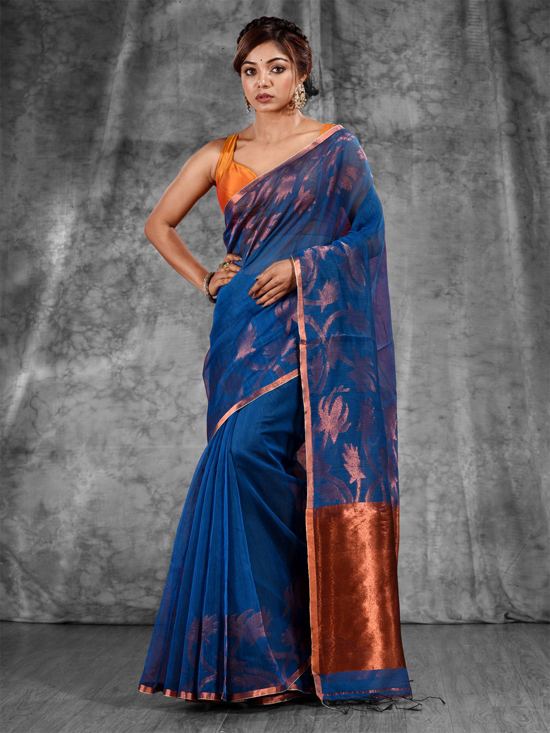 Charukriti Blue & Copper-Toned Woven Design Pure Cotton Zari Saree