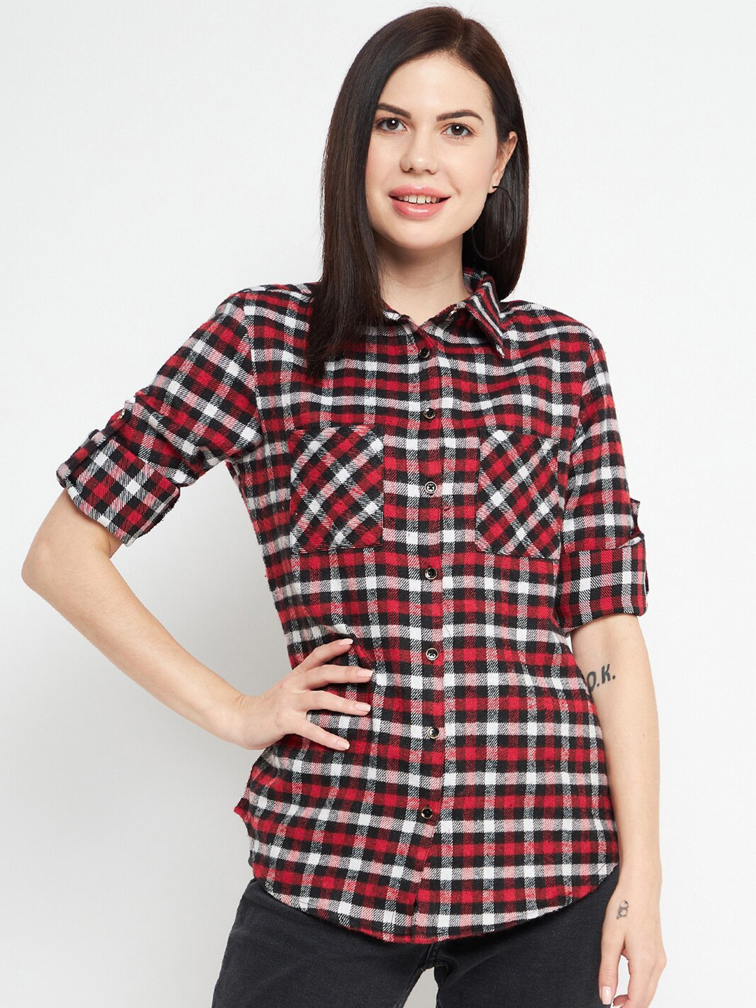 Ruhaans Women Red Classic Checked Cotton Brushed Casual Shirt