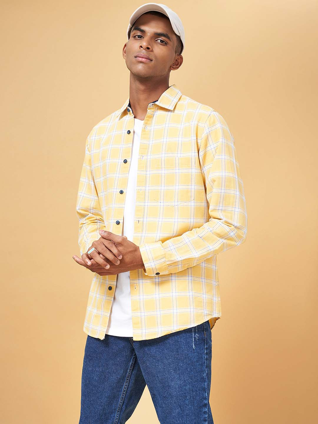YU by Pantaloons Men Yellow Slim Fit Checked Cotton Casual Shirt