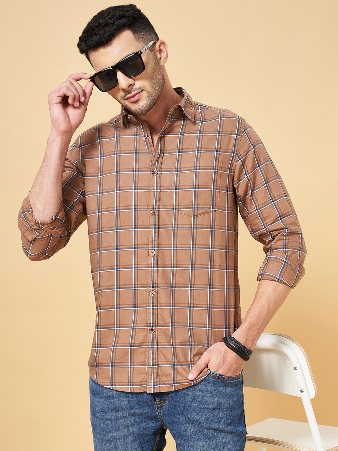 YU by Pantaloons Men Tan Slim Fit Grid Tattersall Checked Cotton Casual Shirt