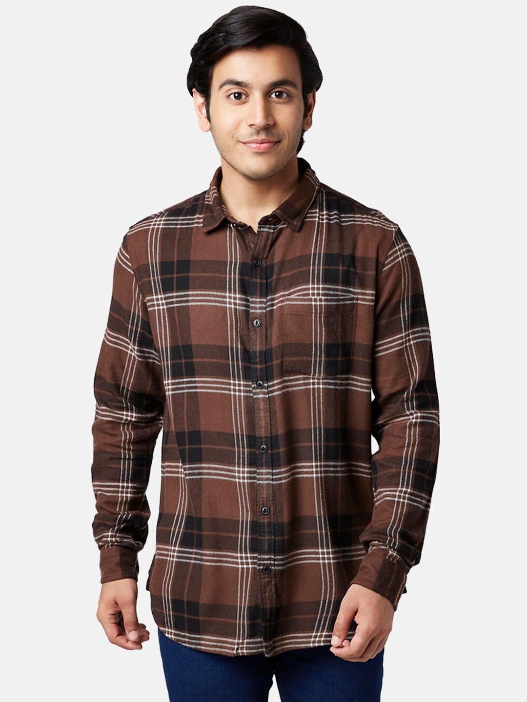 YU by Pantaloons Men Brown Slim Fit Tartan Checks Opaque Checked Casual Shirt