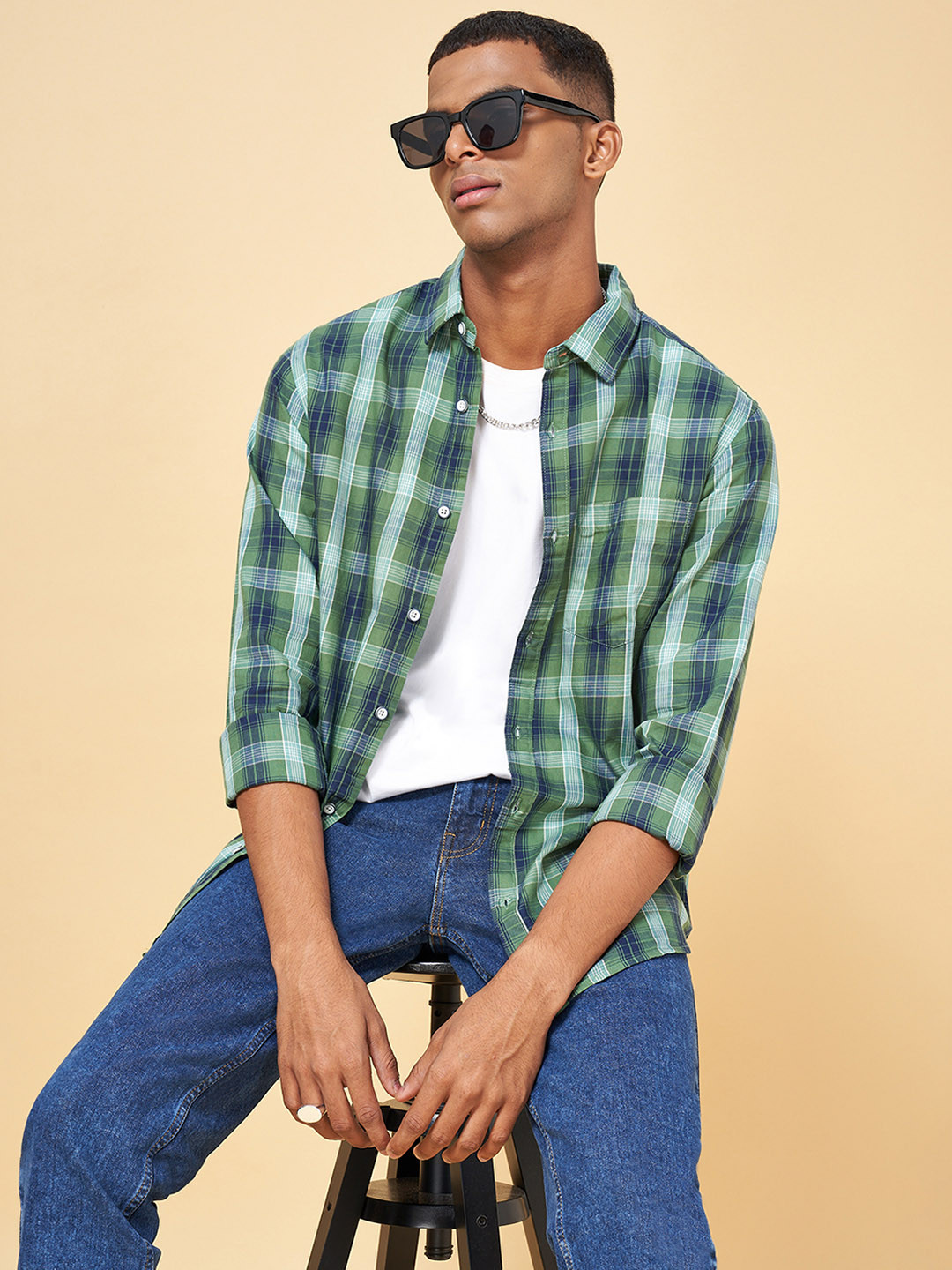 YU by Pantaloons Men Green Slim Fit Tartan Checks Checked Cotton Casual Shirt