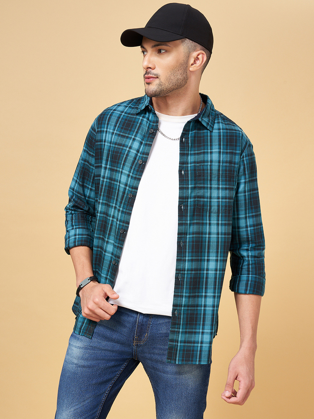 YU by Pantaloons Men Green Cotton Slim Fit Tartan Checks Checked Casual Shirt