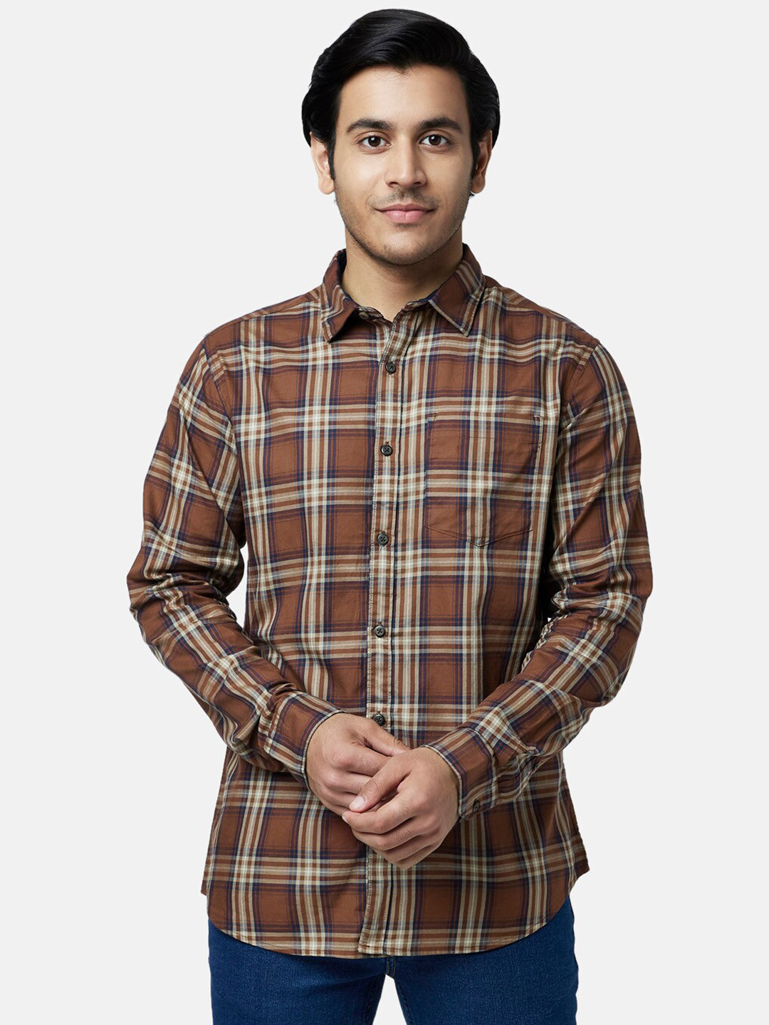 YU by Pantaloons Men Brown Cotton Slim Fit Tartan Checks Checked Casual Shirt
