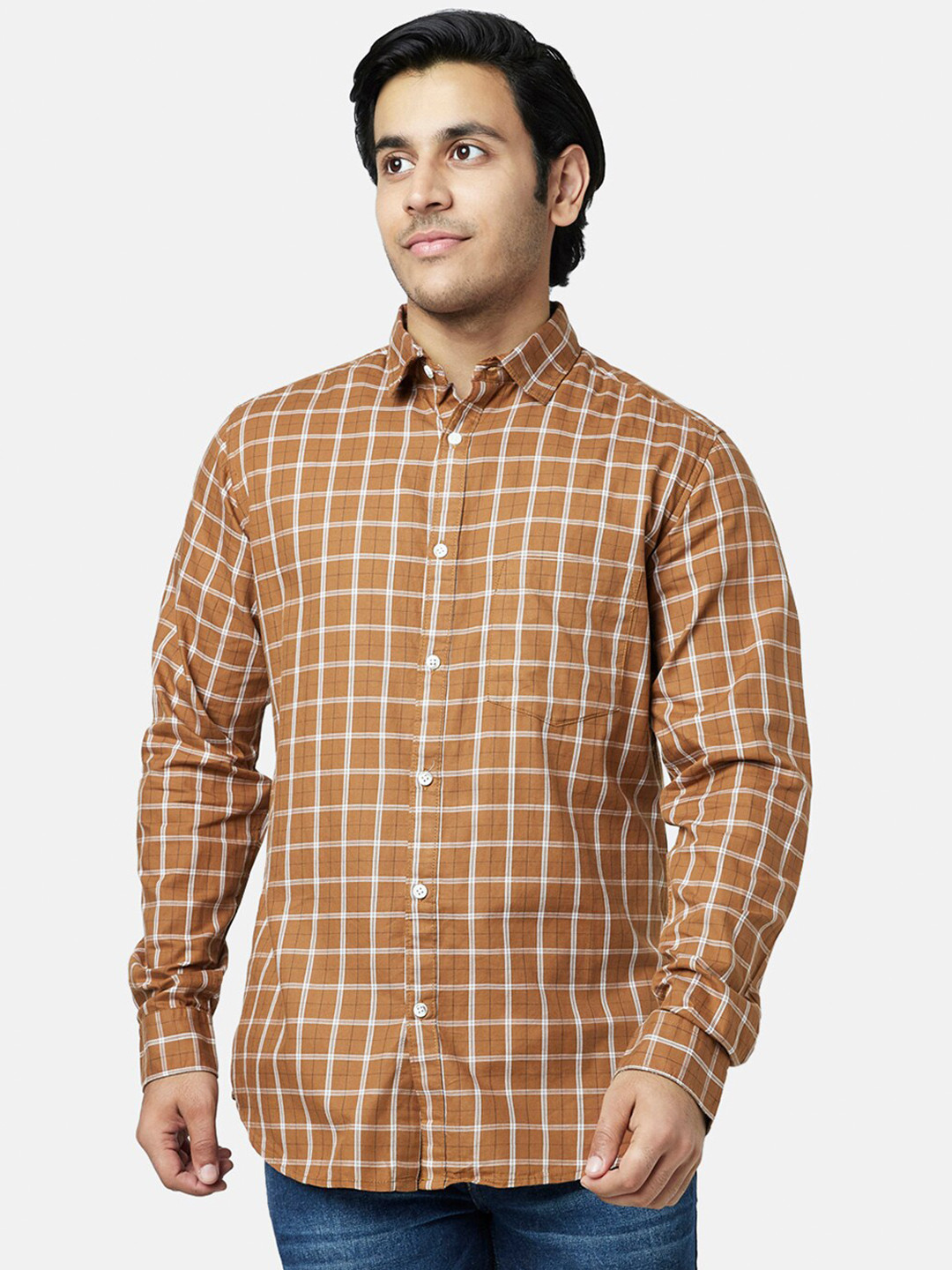 YU by Pantaloons Men Tan Cotton Slim Fit Checked Casual Shirt