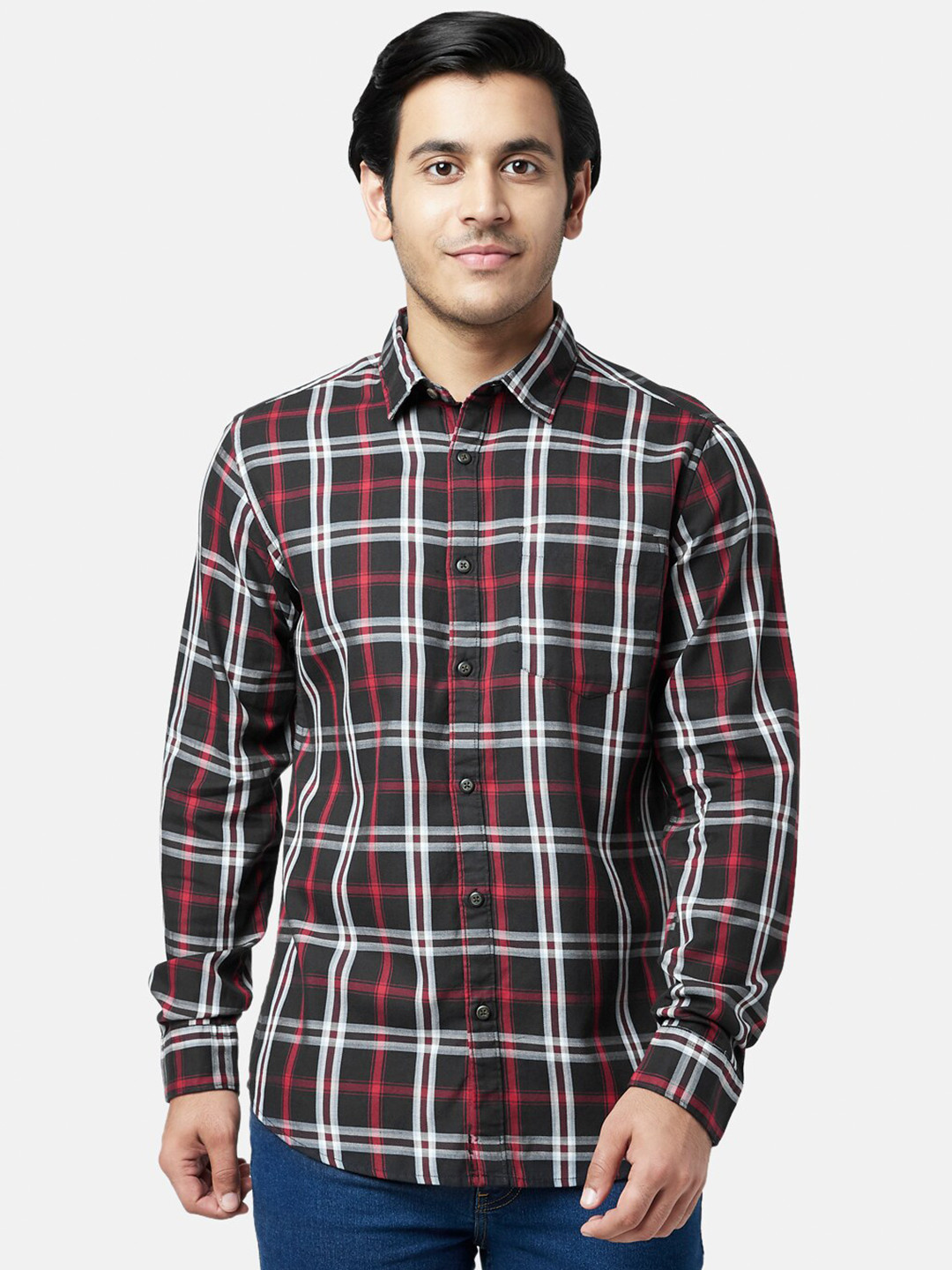 YU by Pantaloons Men Black Cotton Slim Fit Tartan Checks Checked Casual Shirt