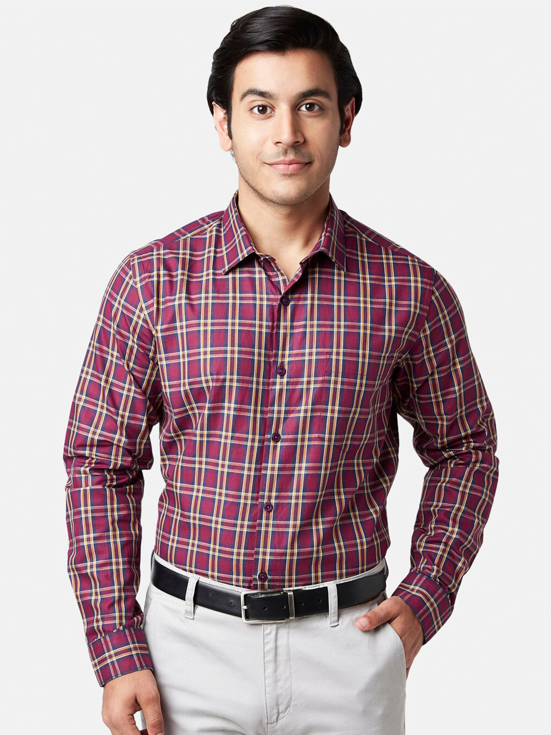 YU by Pantaloons Men Purple Cotton Slim Fit Checked Formal Shirt