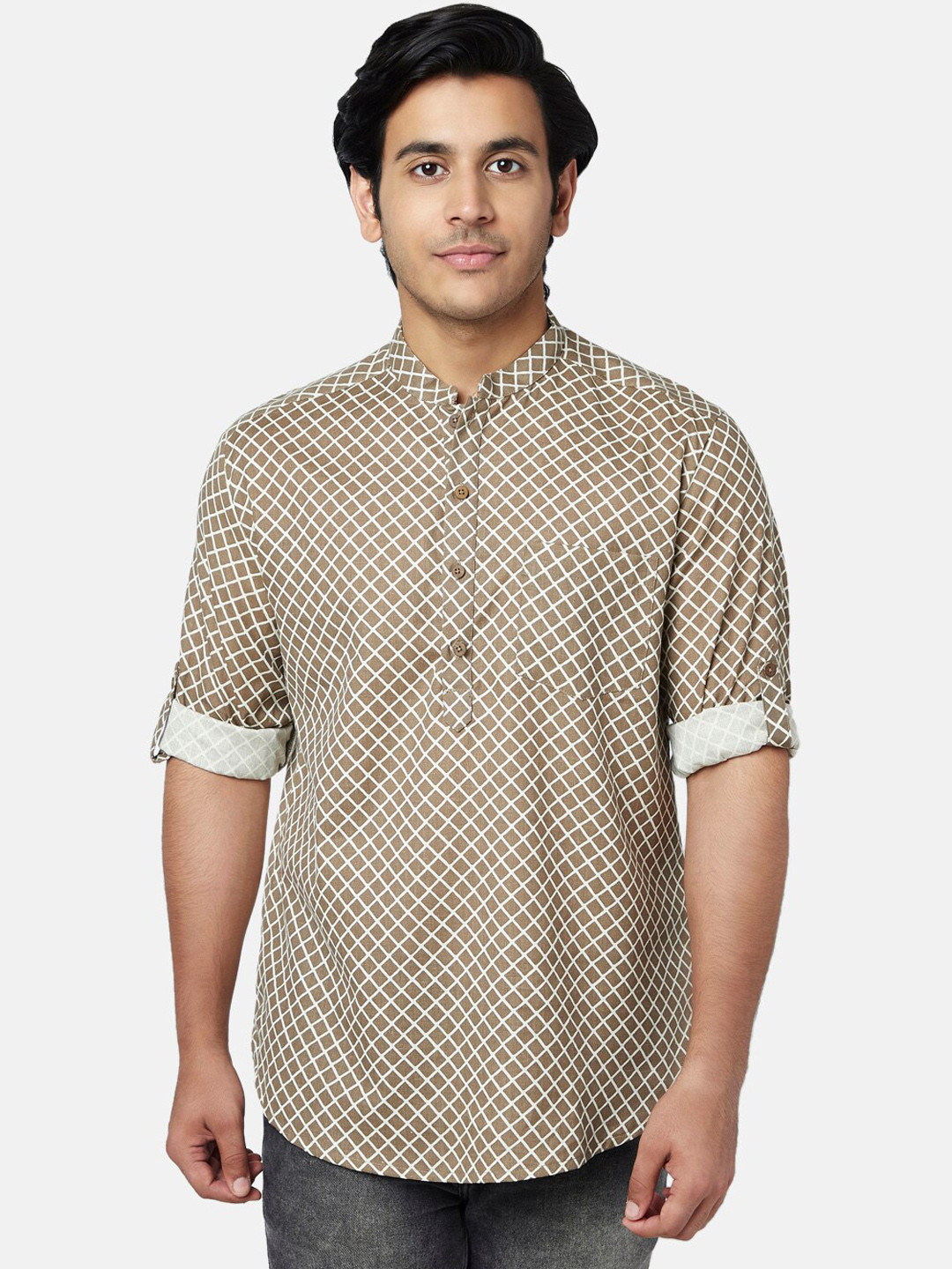 YU by Pantaloons Men Beige Geometric Printed Cotton Kurta