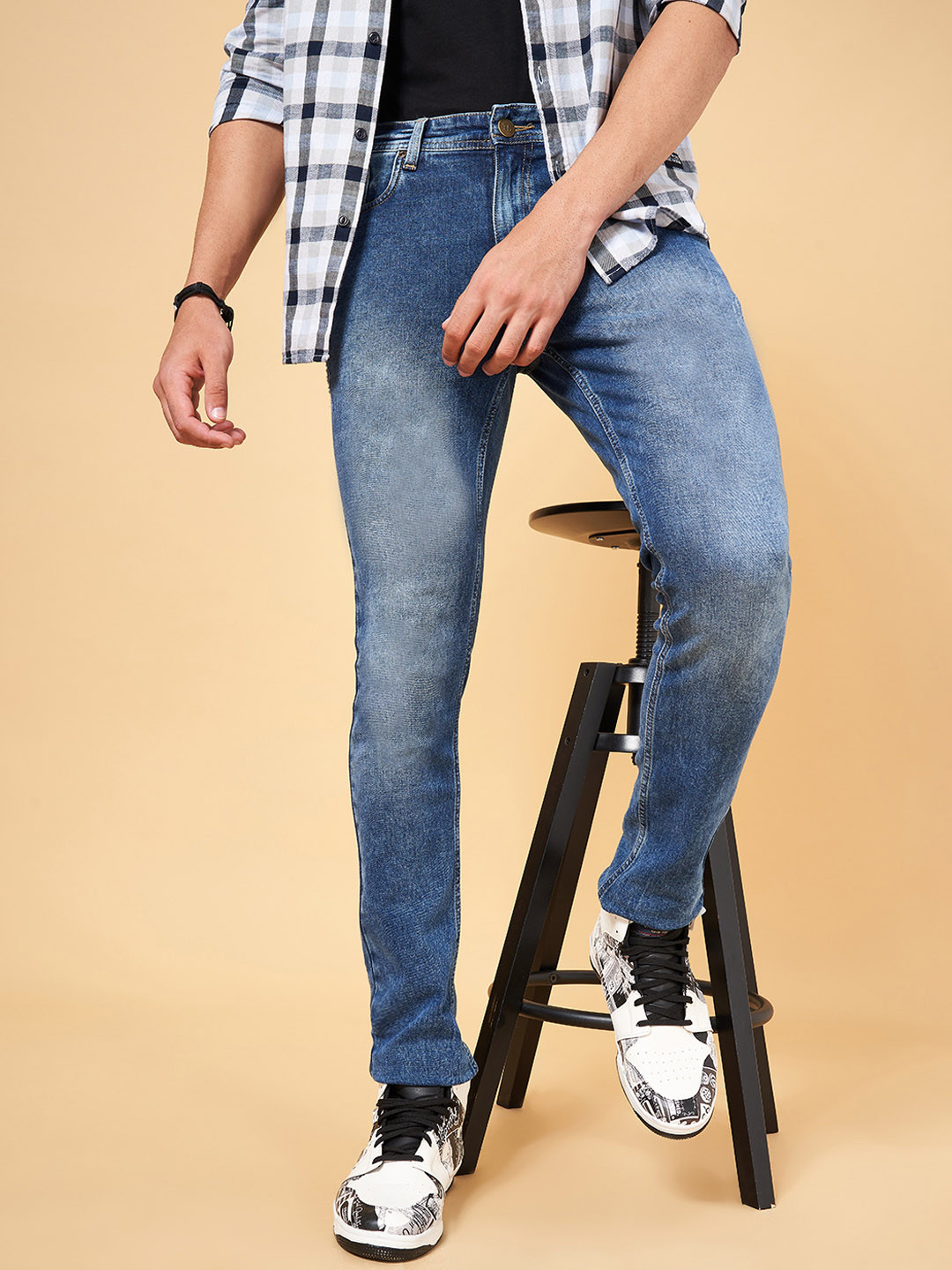 YU by Pantaloons Men Blue Slim Fit Heavy Fade Bleached Jeans